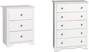 Prepac Monterey Nightstand, Tall 3-Drawer, White & Monterey 5-Drawer Chest for Bedroom, 16" D x 31.5" W x 45.25" H, White