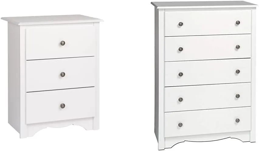 Prepac Monterey Nightstand, Tall 3-Drawer, White & Monterey 5-Drawer Chest for Bedroom, 16" D x 31.5" W x 45.25" H, White