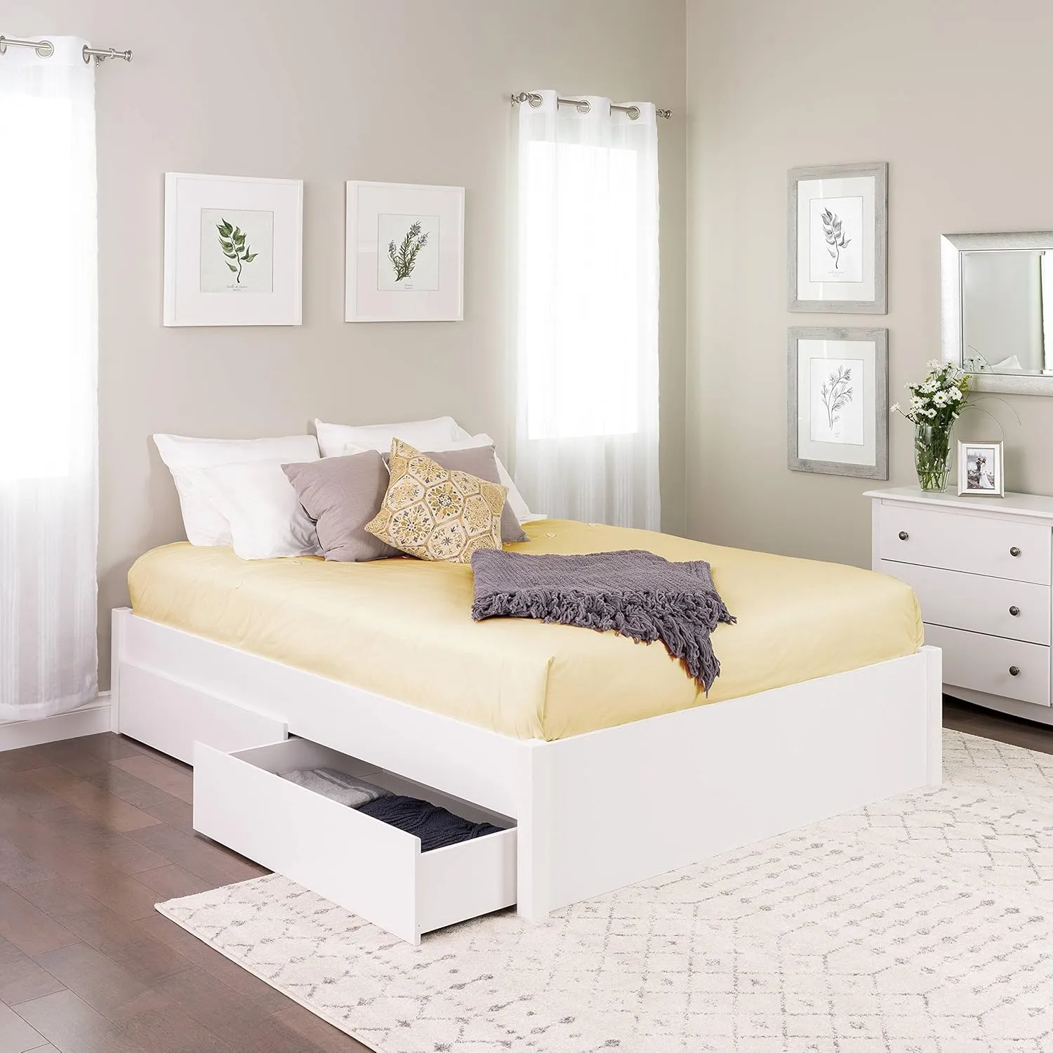 Prepac Select Queen 4-Post Raised Platform 4-Drawer Storage Bed, Modern Queen Storage Bed with Drawers 83" D x 63" W x 16" H, White, WBSQ-1302-4K