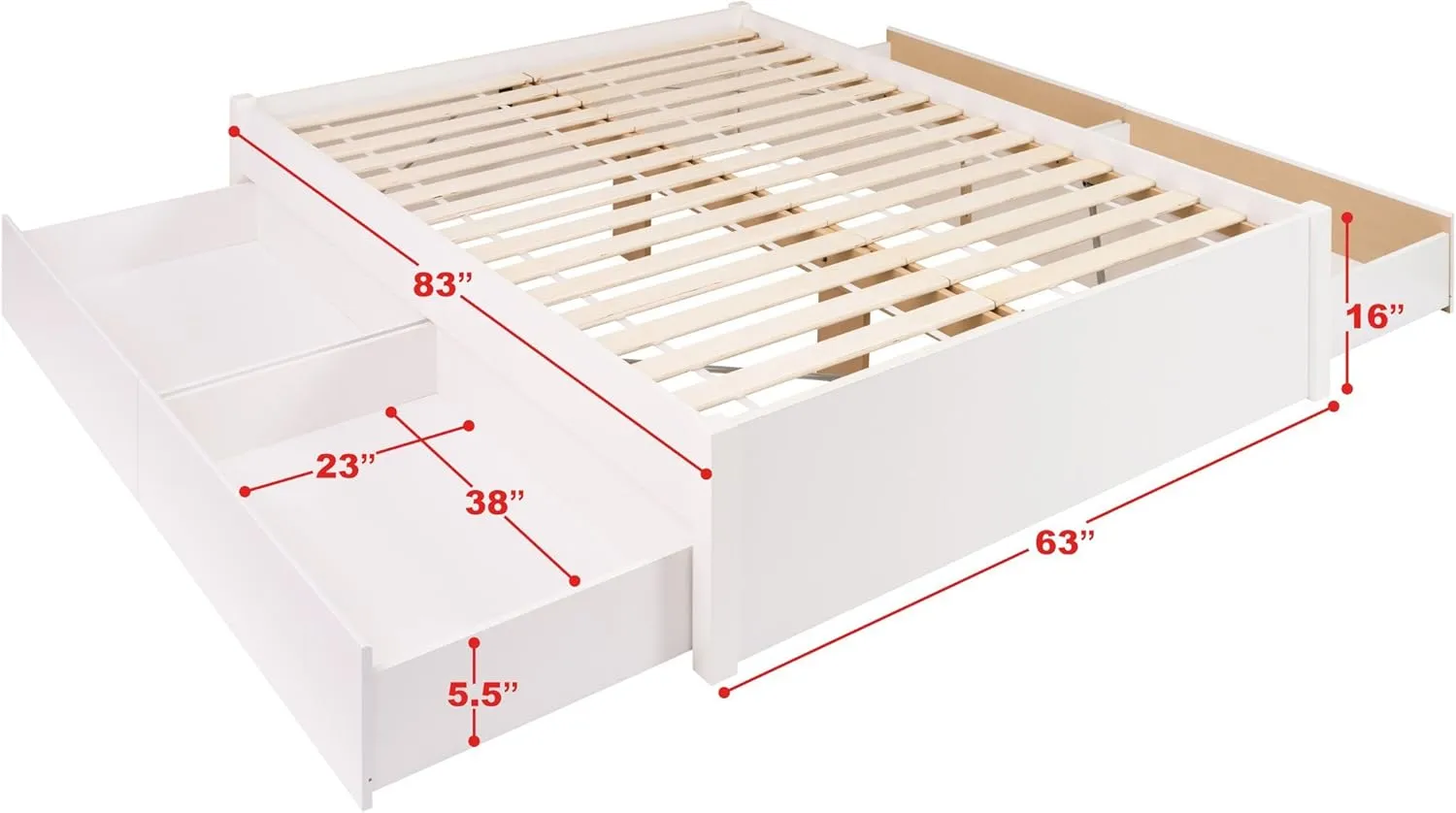Prepac Select Queen 4-Post Raised Platform 4-Drawer Storage Bed, Modern Queen Storage Bed with Drawers 83" D x 63" W x 16" H, White, WBSQ-1302-4K
