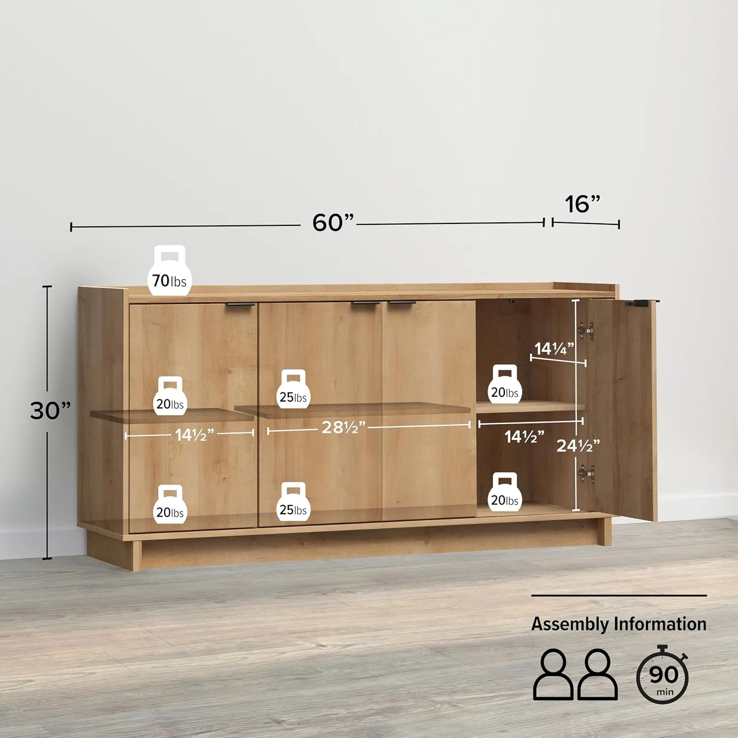 Prepac Simply Modern 4 Console Table, White Doors and Shelves, Sideboard Storage Cabinet, 60" W x 30" H x 16" D, Oak