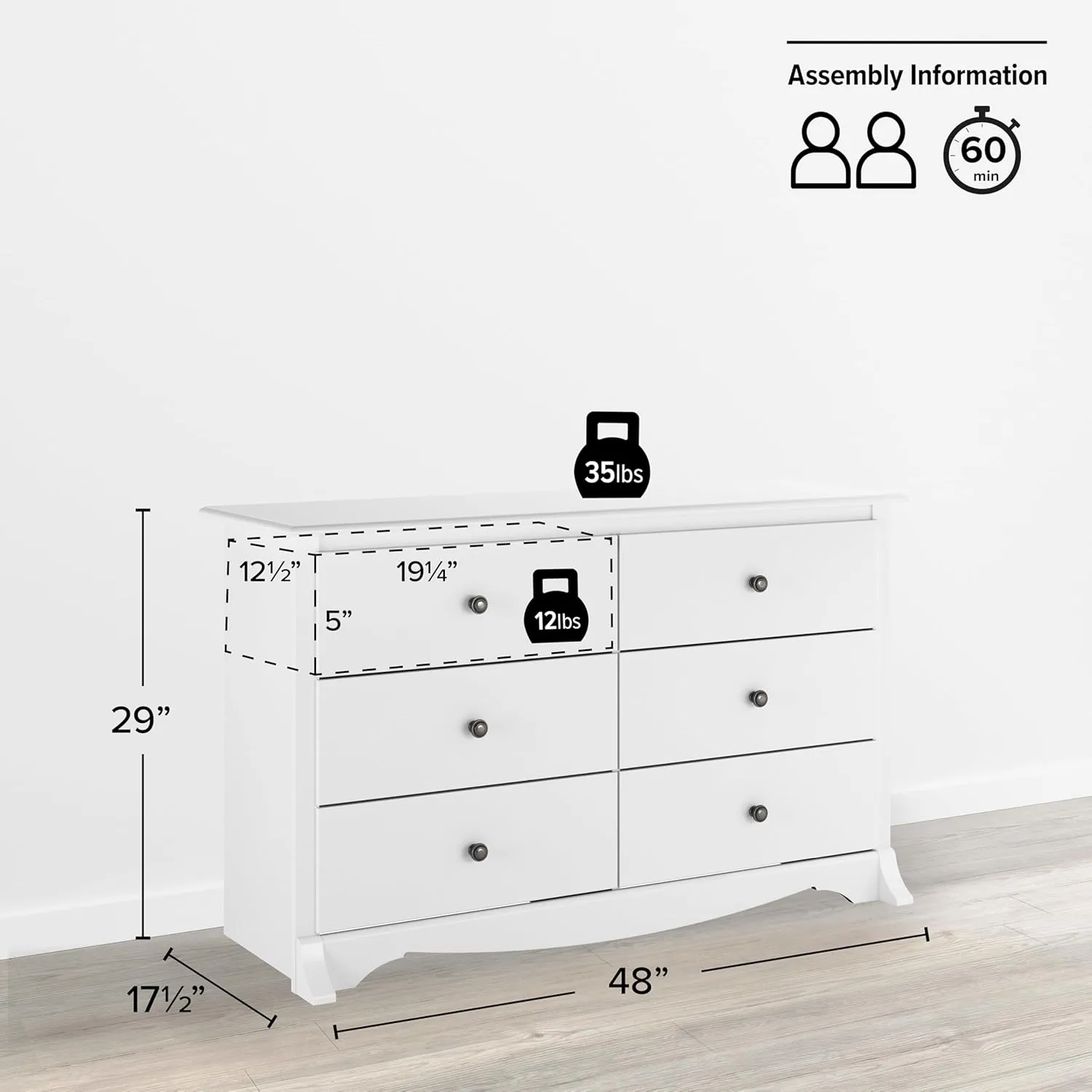 Prepac Sonoma 6 Drawer Dresser for Bedroom, Wide Chest of 6 Drawers, Bedroom Furniture, Ideal for Clothes Storage and Organization, 17.5"D x 48"W x 29"H, White