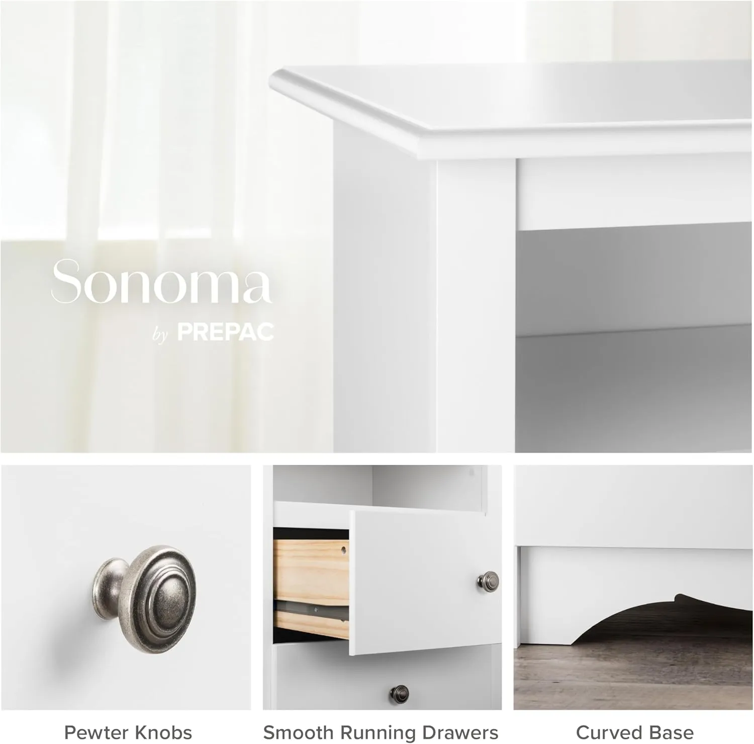 Prepac Sonoma 6 Drawer Dresser for Bedroom, Wide Chest of 6 Drawers, Bedroom Furniture, Ideal for Clothes Storage and Organization, 17.5"D x 48"W x 29"H, White