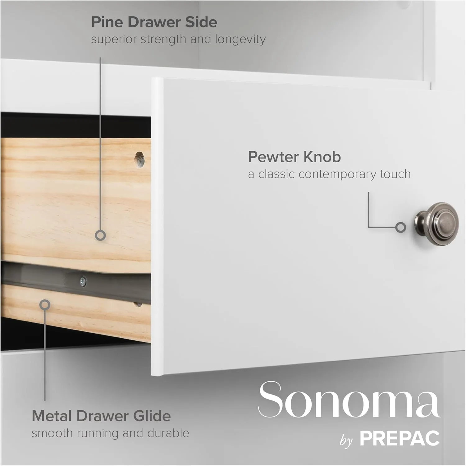 Prepac Sonoma 6 Drawer Dresser for Bedroom, Wide Chest of 6 Drawers, Bedroom Furniture, Ideal for Clothes Storage and Organization, 17.5"D x 48"W x 29"H, White