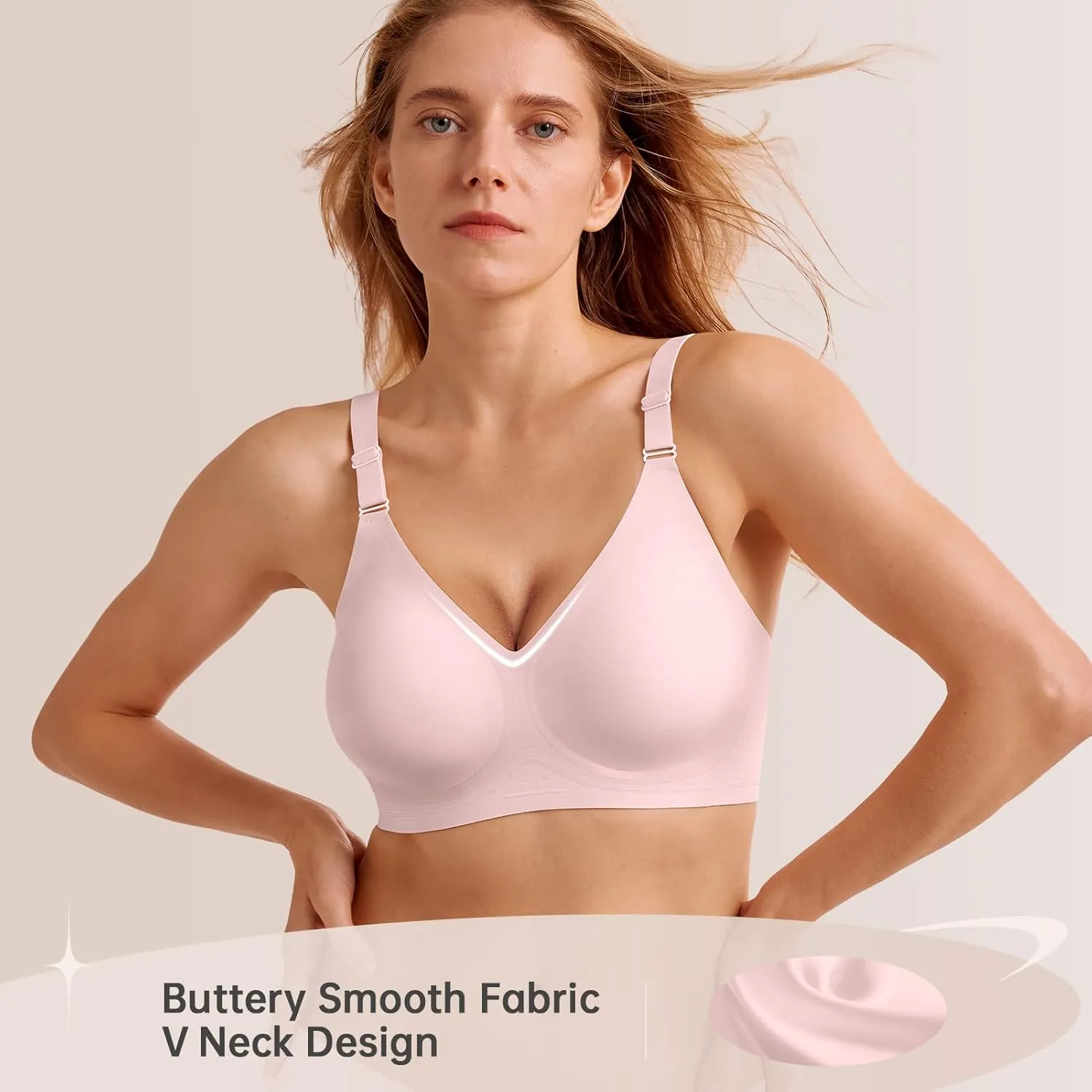 Push Up Seamless Bras for Women No Underwire Support and Lift V Neck Wireless Full Coverage Bralettes Everyday Bras