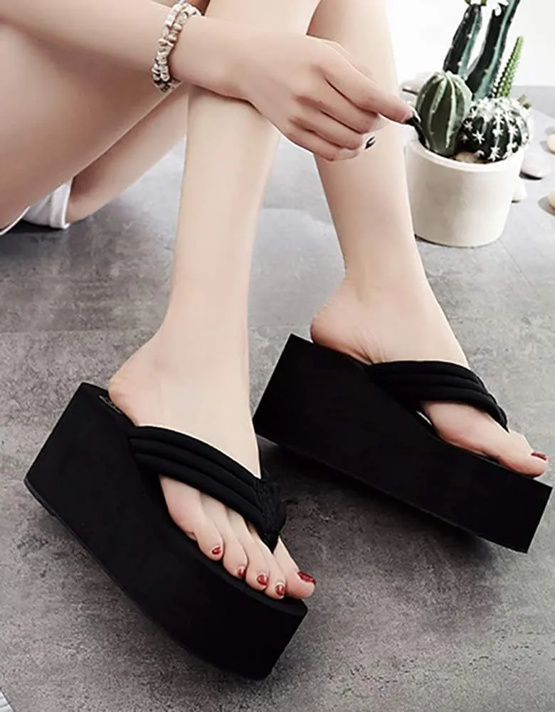 QZUnique Women Flip Flop, Thong Wedge Platform Sandals Arch Support Slippers High Heel Comfortable Cushion Shoes Summer Beach