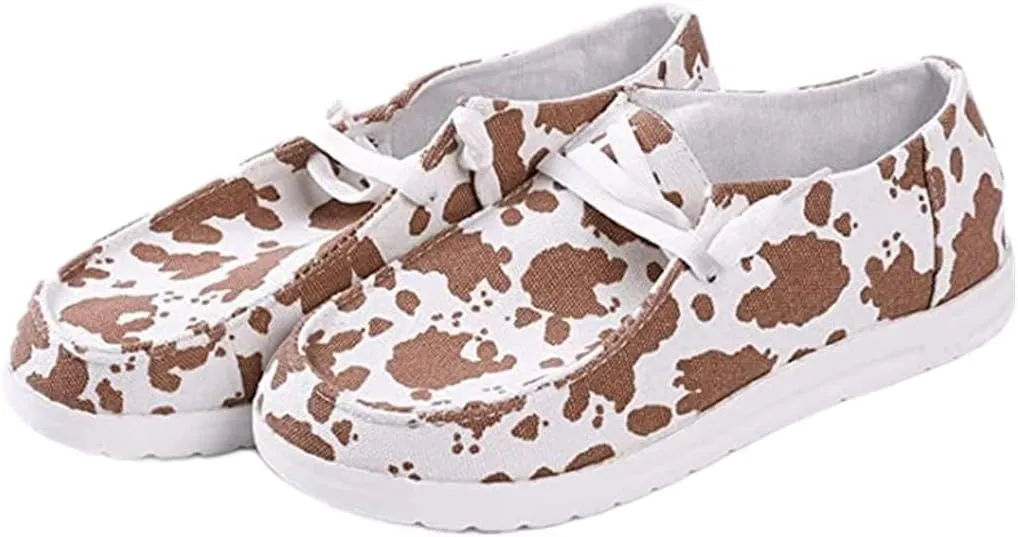 RACHAPE Cow Print Shoes Canvas Sneakers for Women Slip-Ons Flats Ladies Loafers