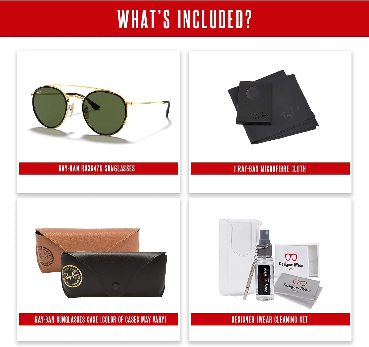 Ray-Ban RB3647N Double Bridge Round Sunglasses for Men for Women   BUNDLE with Designer iWear Eyewear Care Kit