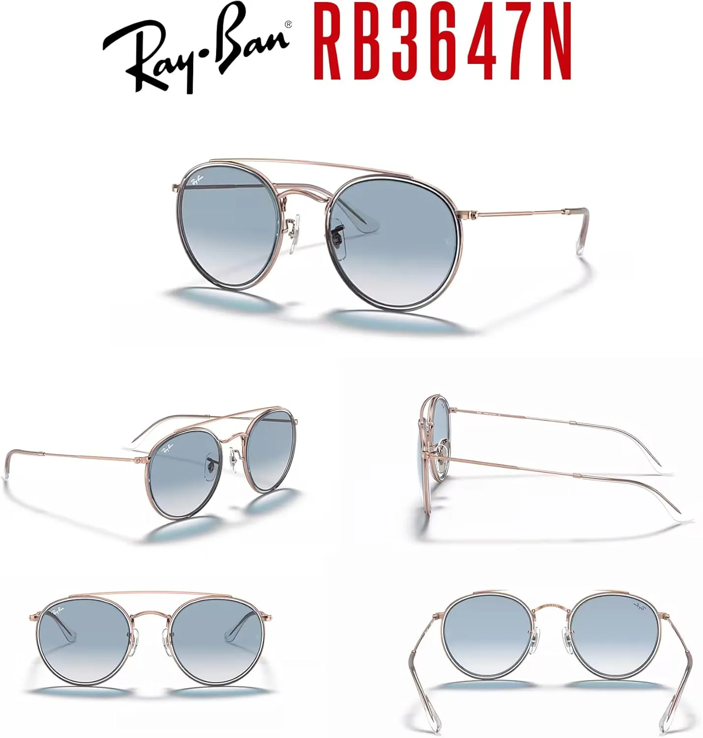 Ray-Ban RB3647N Double Bridge Round Sunglasses for Men for Women   BUNDLE with Designer iWear Eyewear Care Kit