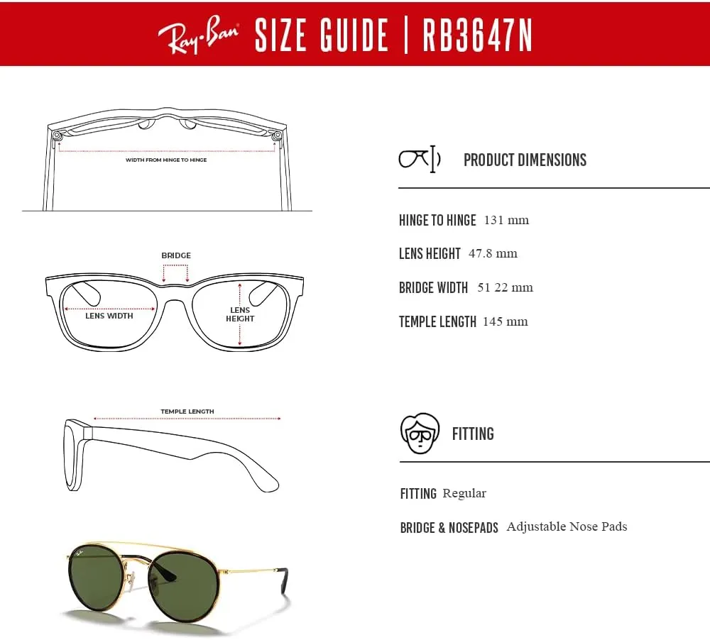 Ray-Ban RB3647N Double Bridge Round Sunglasses for Men for Women   BUNDLE with Designer iWear Eyewear Care Kit