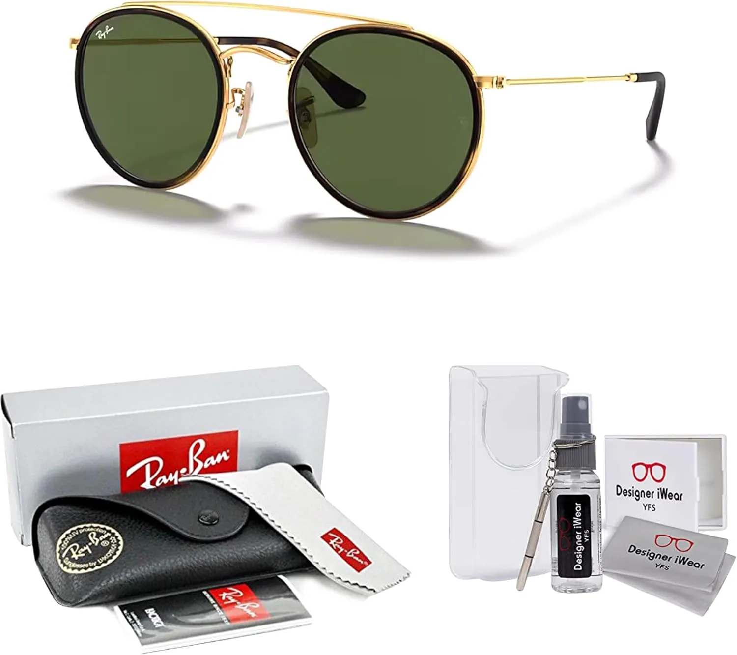 Ray-Ban RB3647N Double Bridge Round Sunglasses for Men for Women   BUNDLE with Designer iWear Eyewear Care Kit