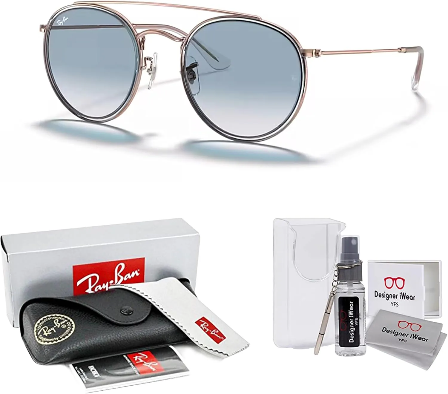 Ray-Ban RB3647N Double Bridge Round Sunglasses for Men for Women   BUNDLE with Designer iWear Eyewear Care Kit