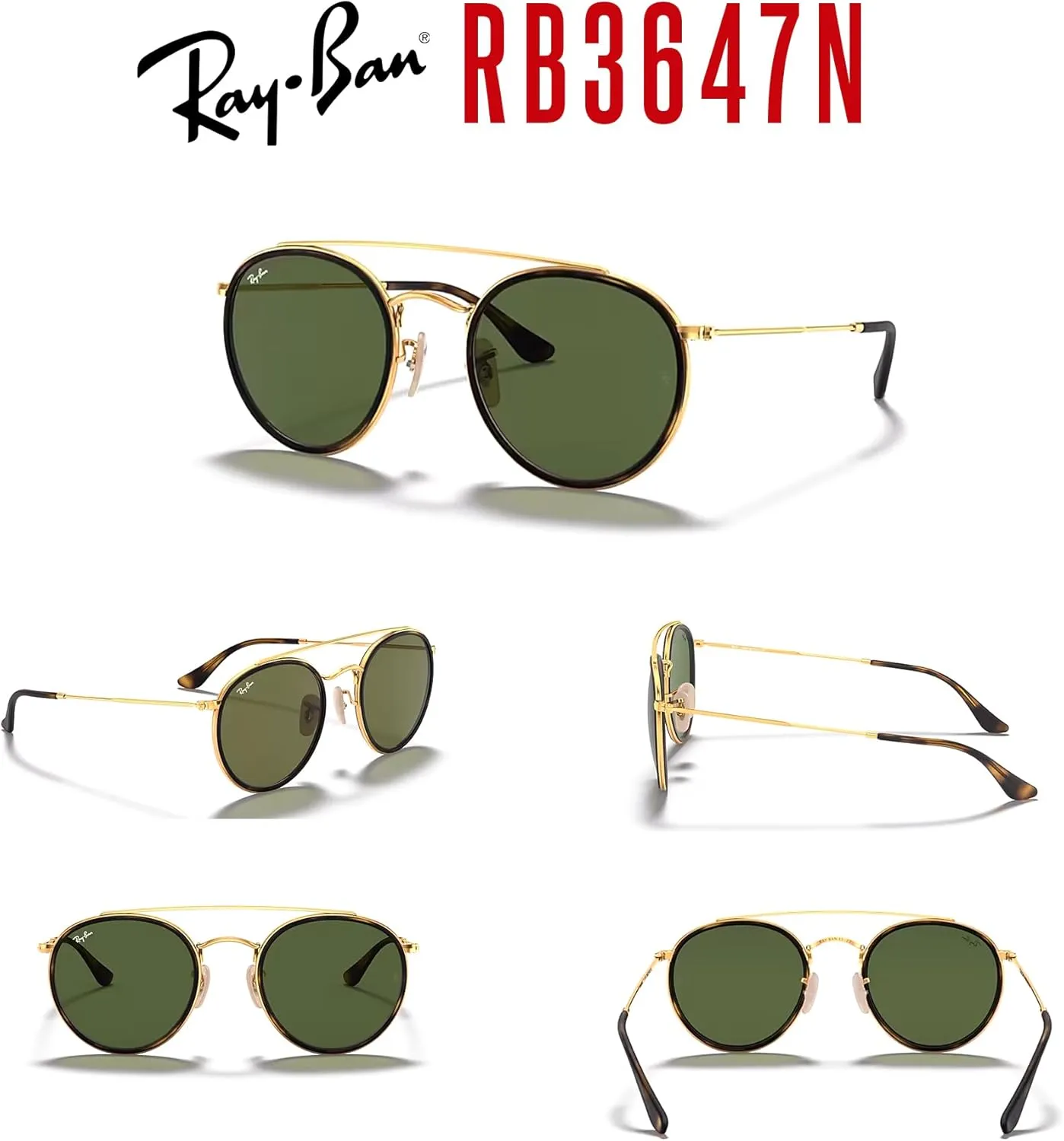 Ray-Ban RB3647N Double Bridge Round Sunglasses for Men for Women   BUNDLE with Designer iWear Eyewear Care Kit