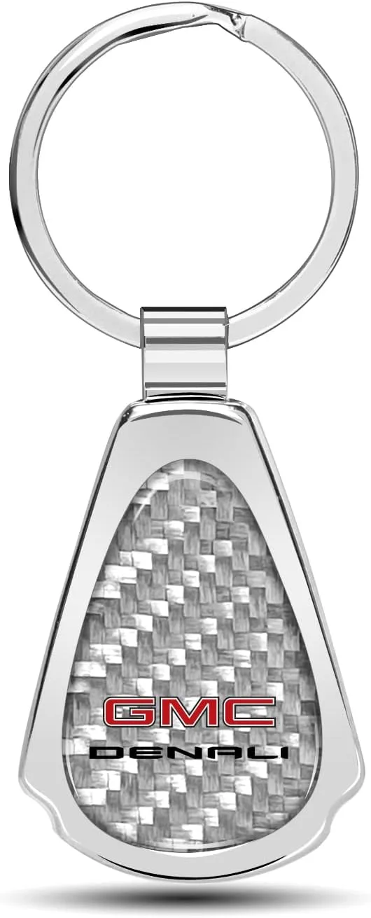 Real Silver Dome Carbon Fiber Chrome Metal Teardrop Key Chain Official Licensed for GMC Denali