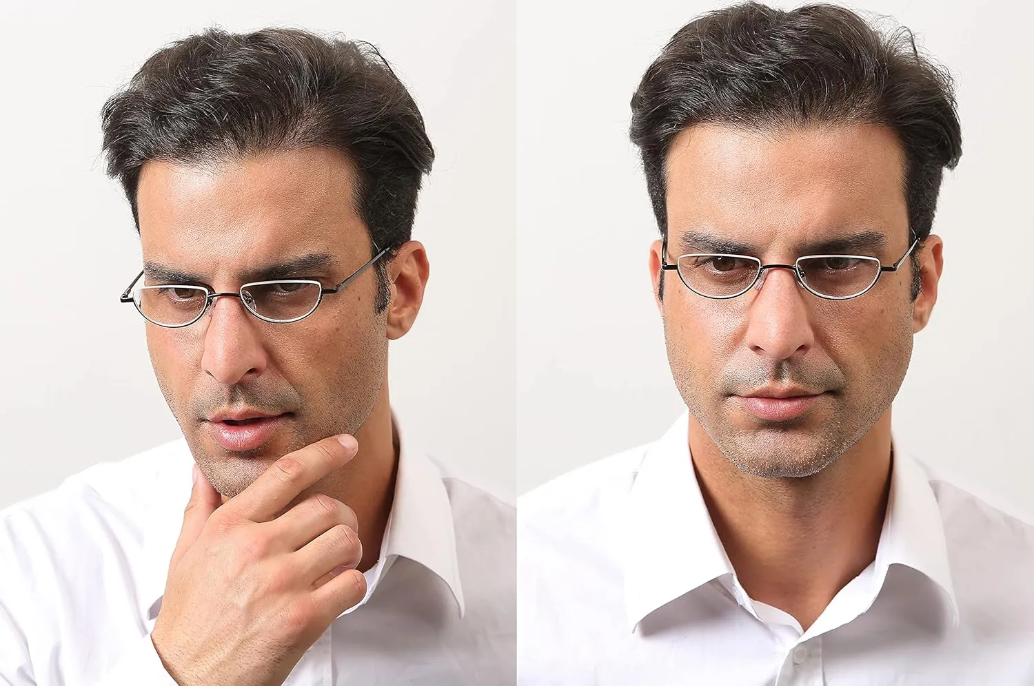 REAVEE 4 Pack Retro Designer Alloy Half Moon Reading Glasses Women Men Half Frame Spring Hinge Stylish Slim Reader with Pouch,Black,Grey,Gold and Silver,1.0