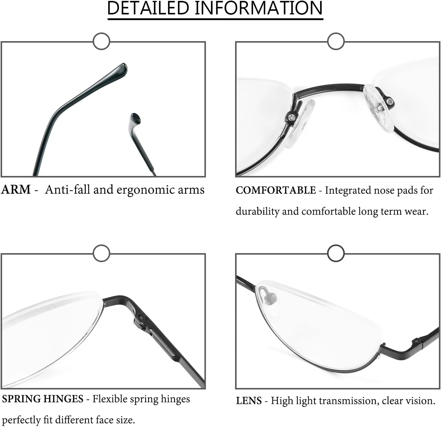 REAVEE 4 Pack Retro Designer Alloy Half Moon Reading Glasses Women Men Half Frame Spring Hinge Stylish Slim Reader with Pouch,Black,Grey,Gold and Silver,1.0