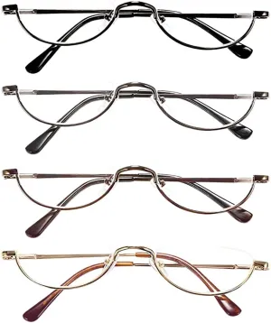 REAVEE 4 Pack Retro Designer Alloy Half Moon Reading Glasses Women Men Half Frame Spring Hinge Stylish Slim Reader with Pouch,Black,Grey,Gold and Silver,1.0