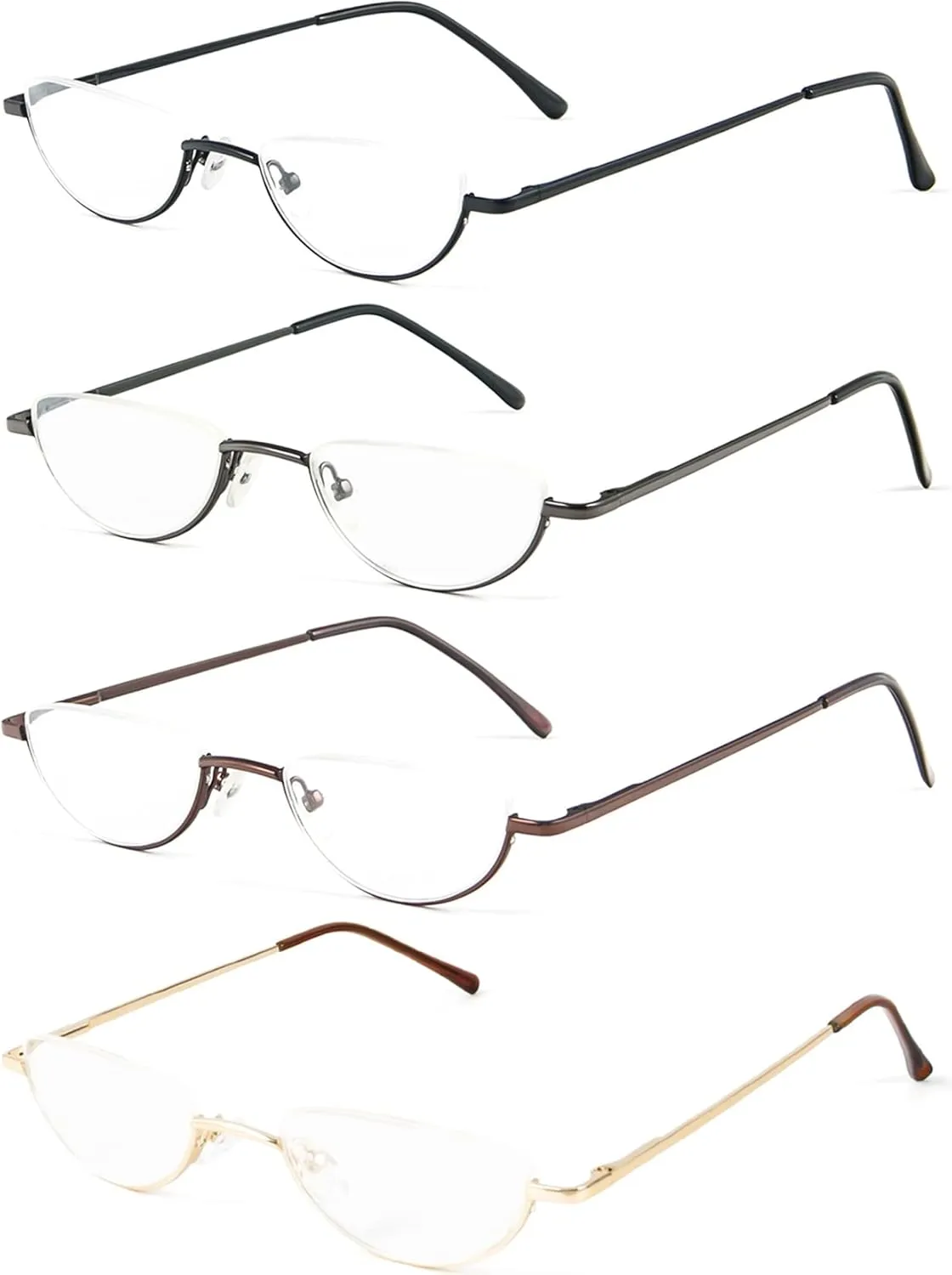 REAVEE 4 Pack Retro Designer Alloy Half Moon Reading Glasses Women Men Half Frame Spring Hinge Stylish Slim Reader with Pouch,Black,Grey,Gold and Silver,1.0
