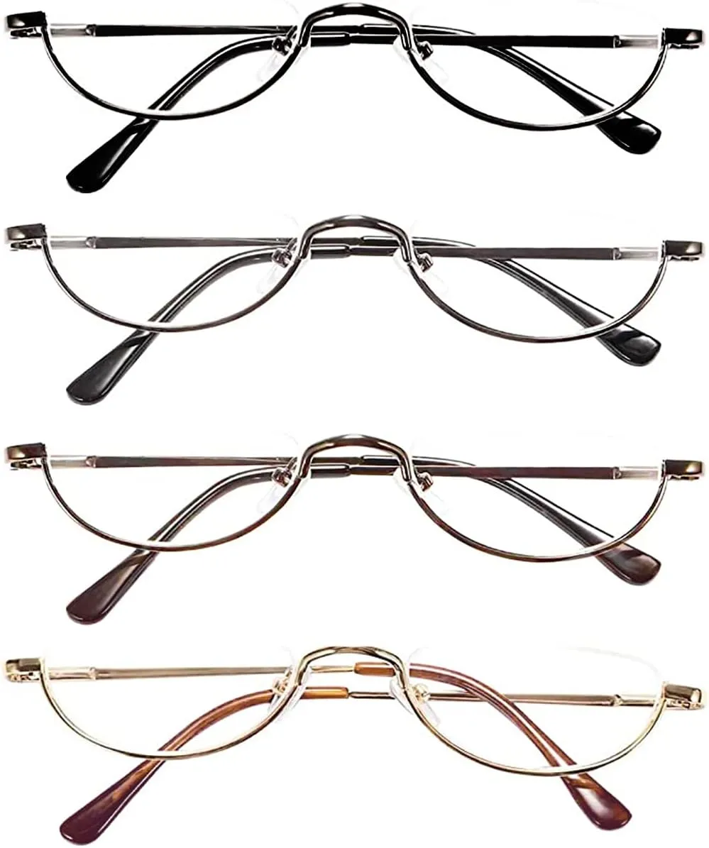 REAVEE 4 Pack Retro Designer Alloy Half Moon Reading Glasses Women Men Half Frame Spring Hinge Stylish Slim Reader with Pouch,Black,Grey,Gold and Silver,1.0
