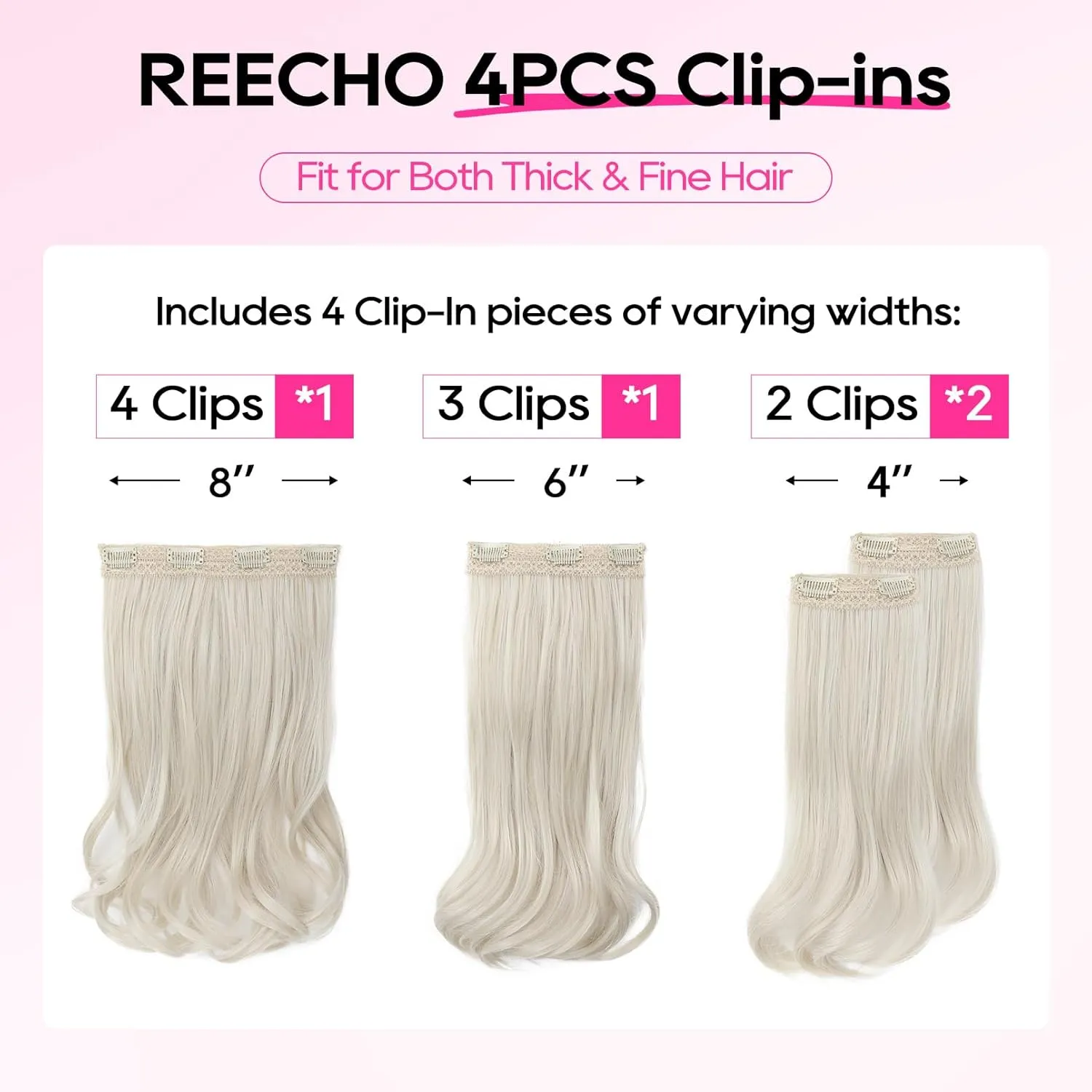 REECHO Clip-in Hair Extensions, 4PCS Lace Weft, 14" Short Wavy Hairpieces, Invisible Clip Ins, Natural Soft Ash Blonde with Highlights