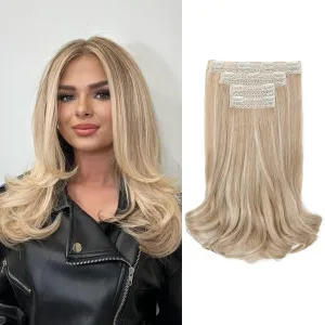 REECHO Clip-in Hair Extensions, 4PCS Lace Weft, 14" Short Wavy Hairpieces, Invisible Clip Ins, Natural Soft Ash Blonde with Highlights