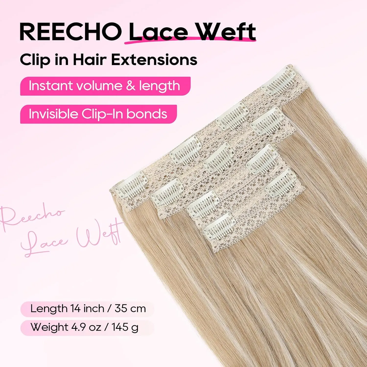 REECHO Clip-in Hair Extensions, 4PCS Lace Weft, 14" Short Wavy Hairpieces, Invisible Clip Ins, Natural Soft Ash Blonde with Highlights
