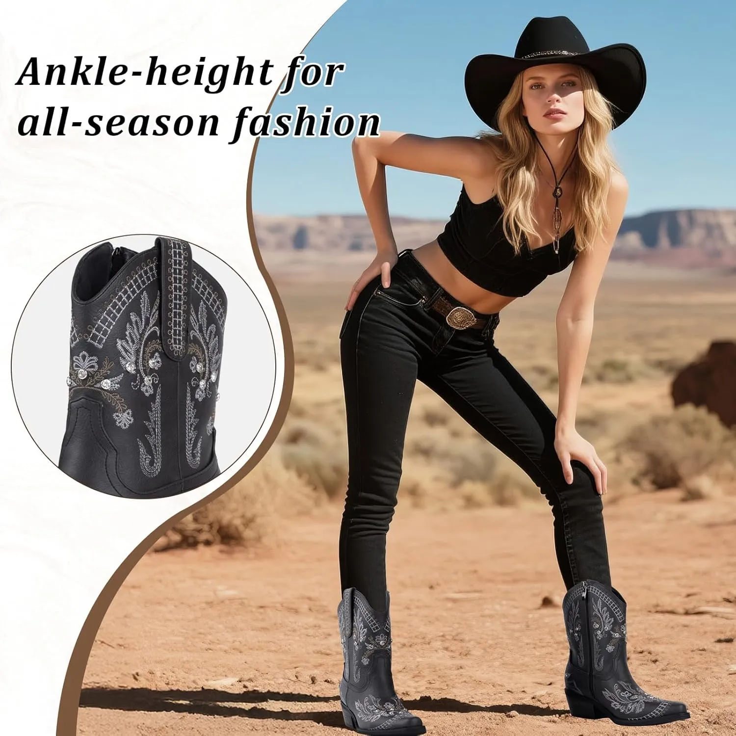 Rhinestone Ankle Cowboy Boots for Women Embroidered Short Cowgirl Boots With Low Heel Side Zipper Comfortable Chunky Heels Western Booties For Prom Party Wedding Pull On Shoes