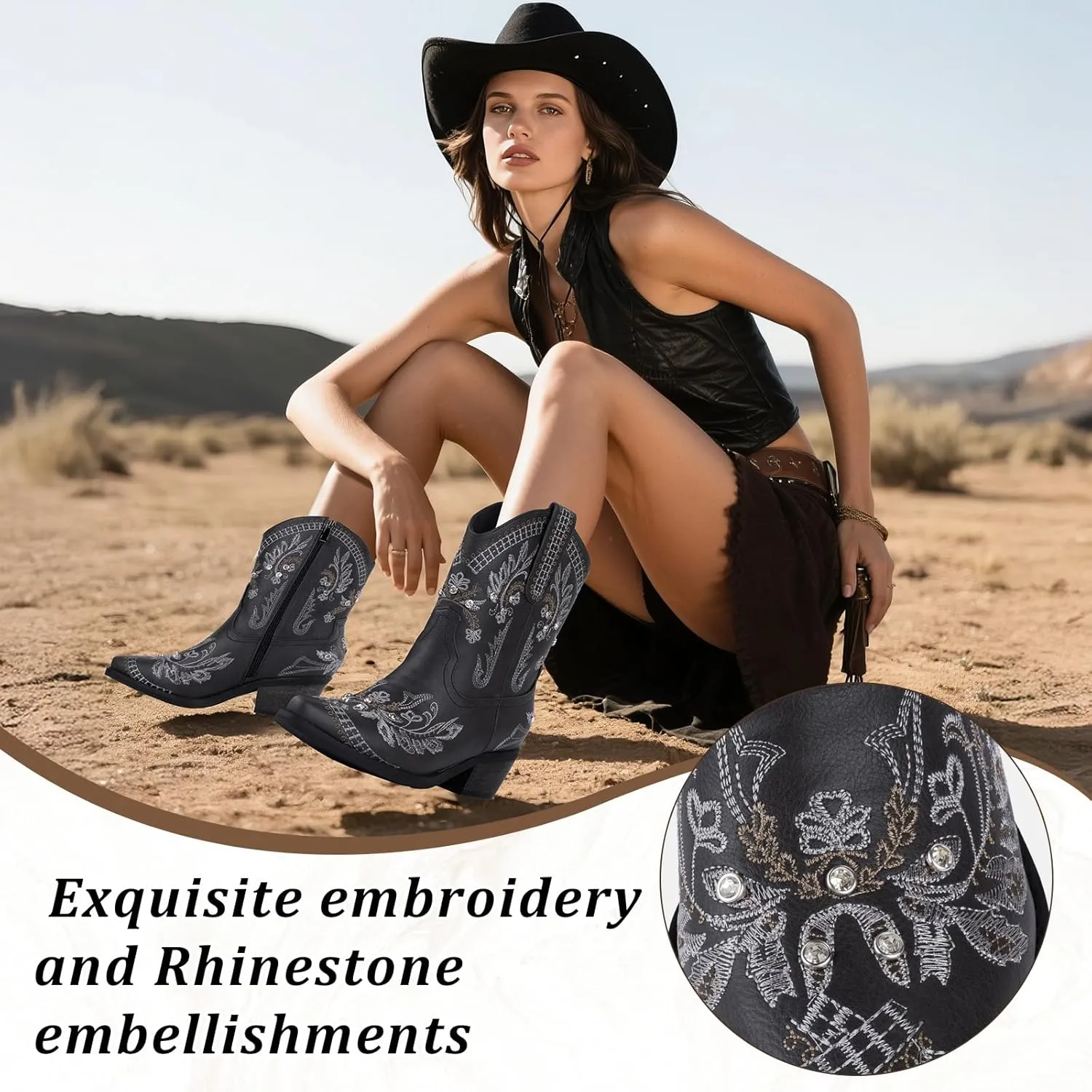 Rhinestone Ankle Cowboy Boots for Women Embroidered Short Cowgirl Boots With Low Heel Side Zipper Comfortable Chunky Heels Western Booties For Prom Party Wedding Pull On Shoes
