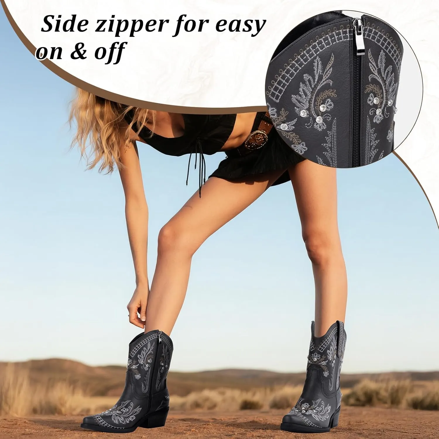 Rhinestone Ankle Cowboy Boots for Women Embroidered Short Cowgirl Boots With Low Heel Side Zipper Comfortable Chunky Heels Western Booties For Prom Party Wedding Pull On Shoes