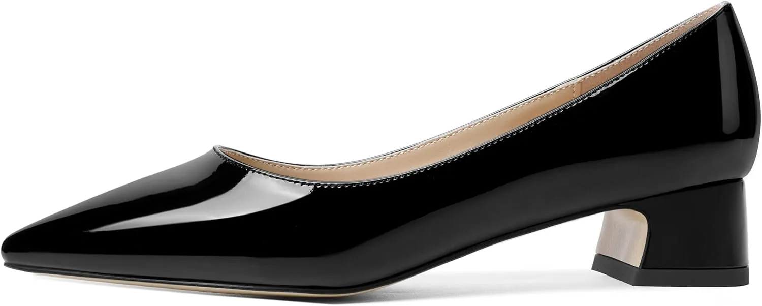 ROSERWISH Womens Patent Casual Work Comfortable Pointed Toe Slip On Chunky Low Heel Pumps Dress Shoes 1.5 Inch