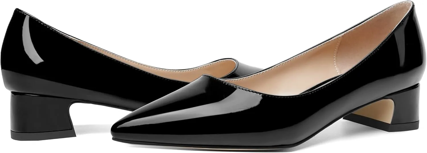 ROSERWISH Womens Patent Casual Work Comfortable Pointed Toe Slip On Chunky Low Heel Pumps Dress Shoes 1.5 Inch