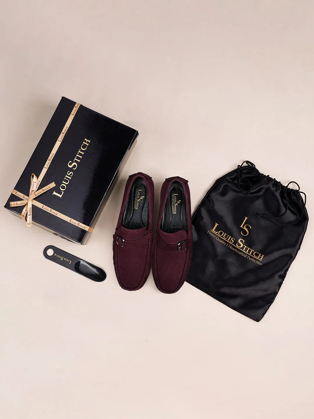 Rosewood Handmade Italian Suede Leather Solid Penny Loafers with Buckle