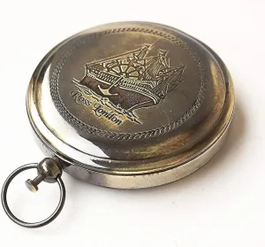Ross London Vintage Brass Pocket Compass, Antique Maritime Navigation Tool with Ship Design, Nautical Directional Instrument