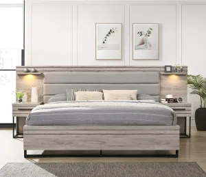 Roundhill Furniture Alvear Upholstered Wood Wallbed Bed with White LED Lights, 2 Nightstand, King, Weathered Gray
