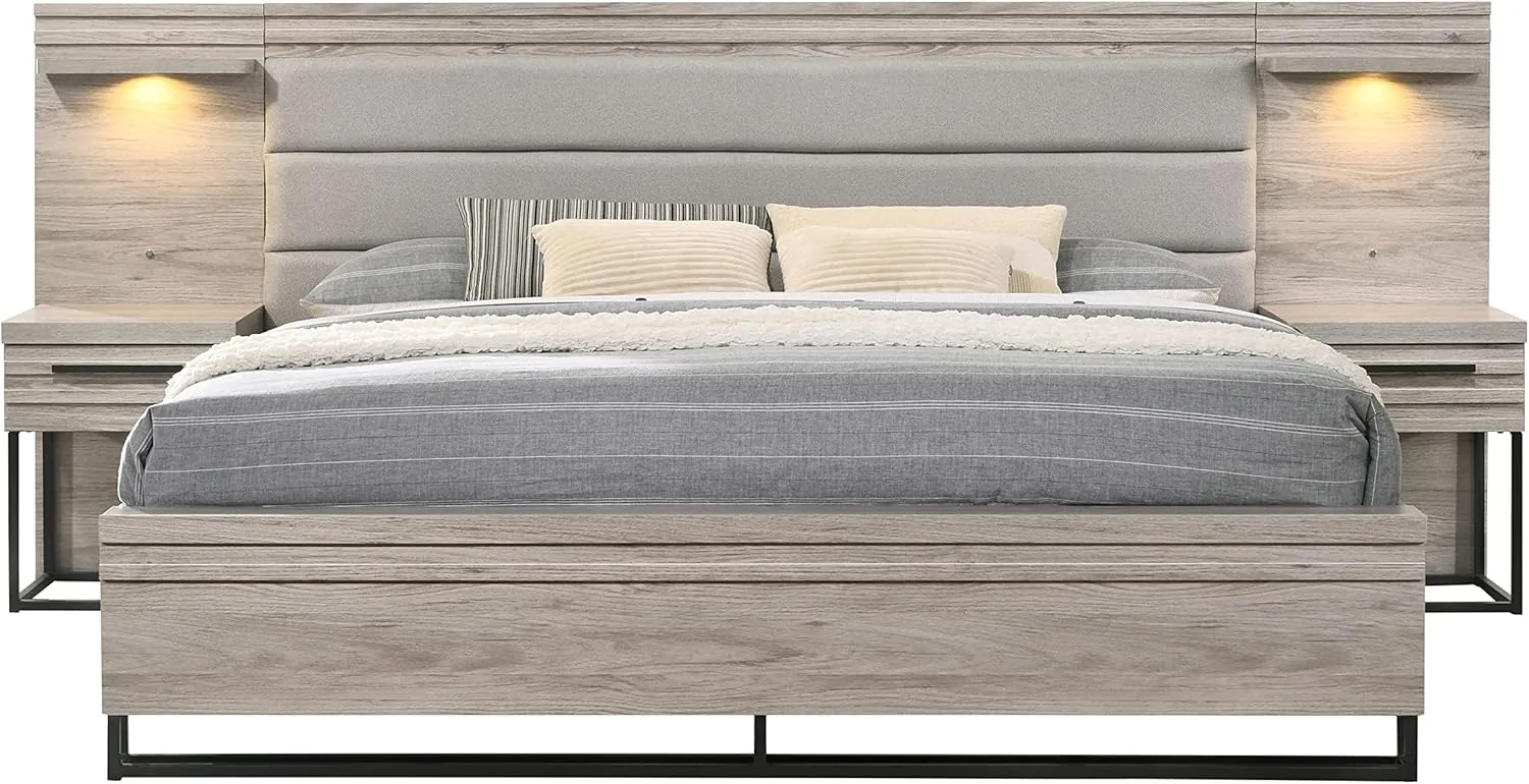 Roundhill Furniture Alvear Upholstered Wood Wallbed Bed with White LED Lights, 2 Nightstand, King, Weathered Gray