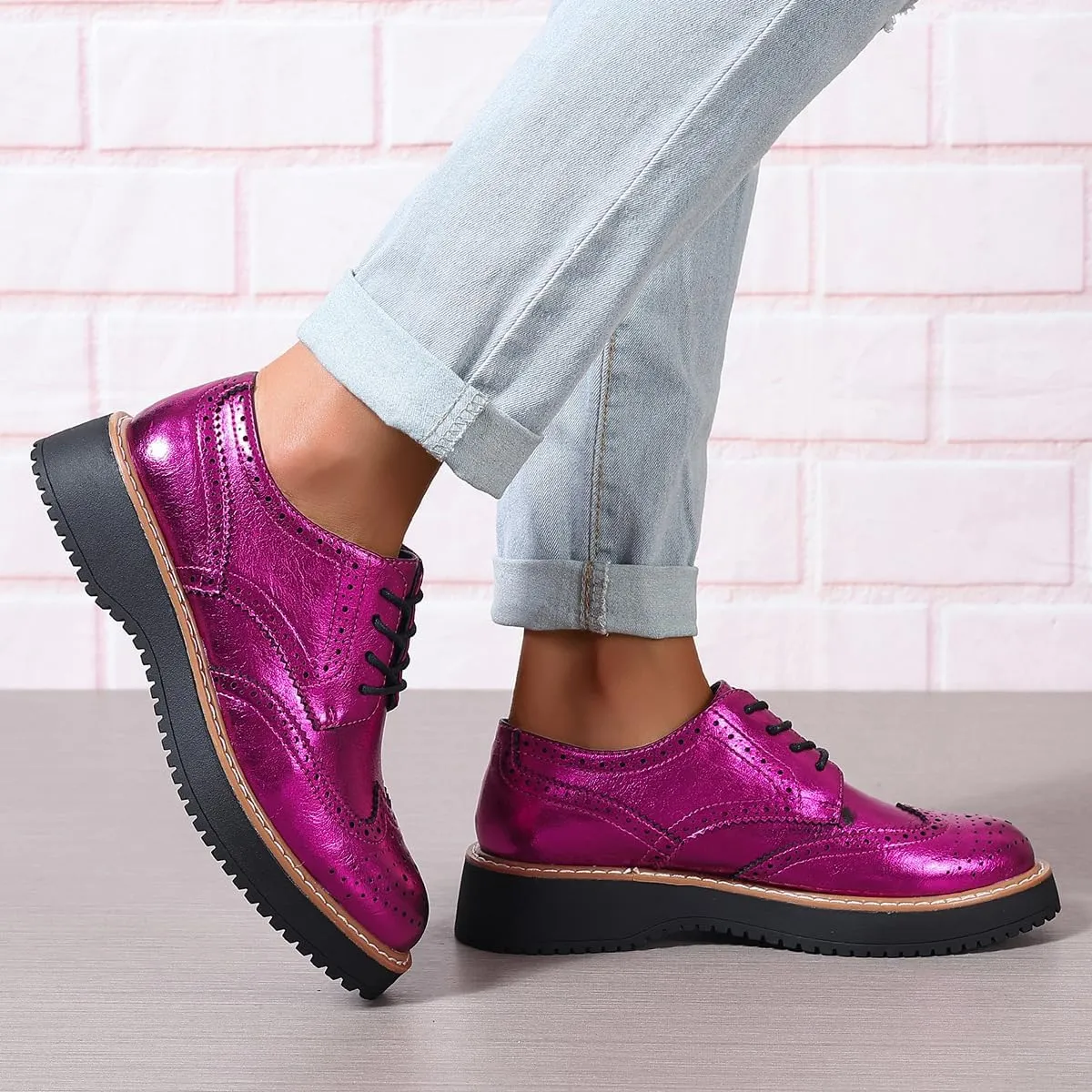 SACFOF Oxford Shoes for Women Round Toe Wingtips Brogues Lace up Platform Loafers Business Casual Office Dress Shoes