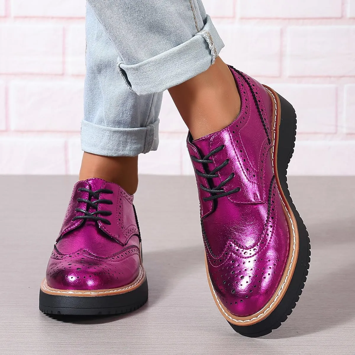 SACFOF Oxford Shoes for Women Round Toe Wingtips Brogues Lace up Platform Loafers Business Casual Office Dress Shoes