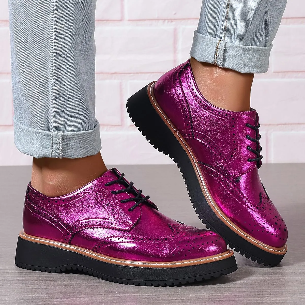 SACFOF Oxford Shoes for Women Round Toe Wingtips Brogues Lace up Platform Loafers Business Casual Office Dress Shoes