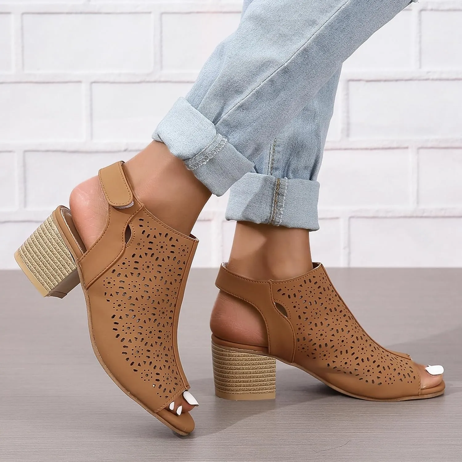 SACFOF Women's Cut Out Peep Toe Slingback Chunky Stacked Heel Ankle Booties Ankle Strap Low Heel Dress Pumps Sandals