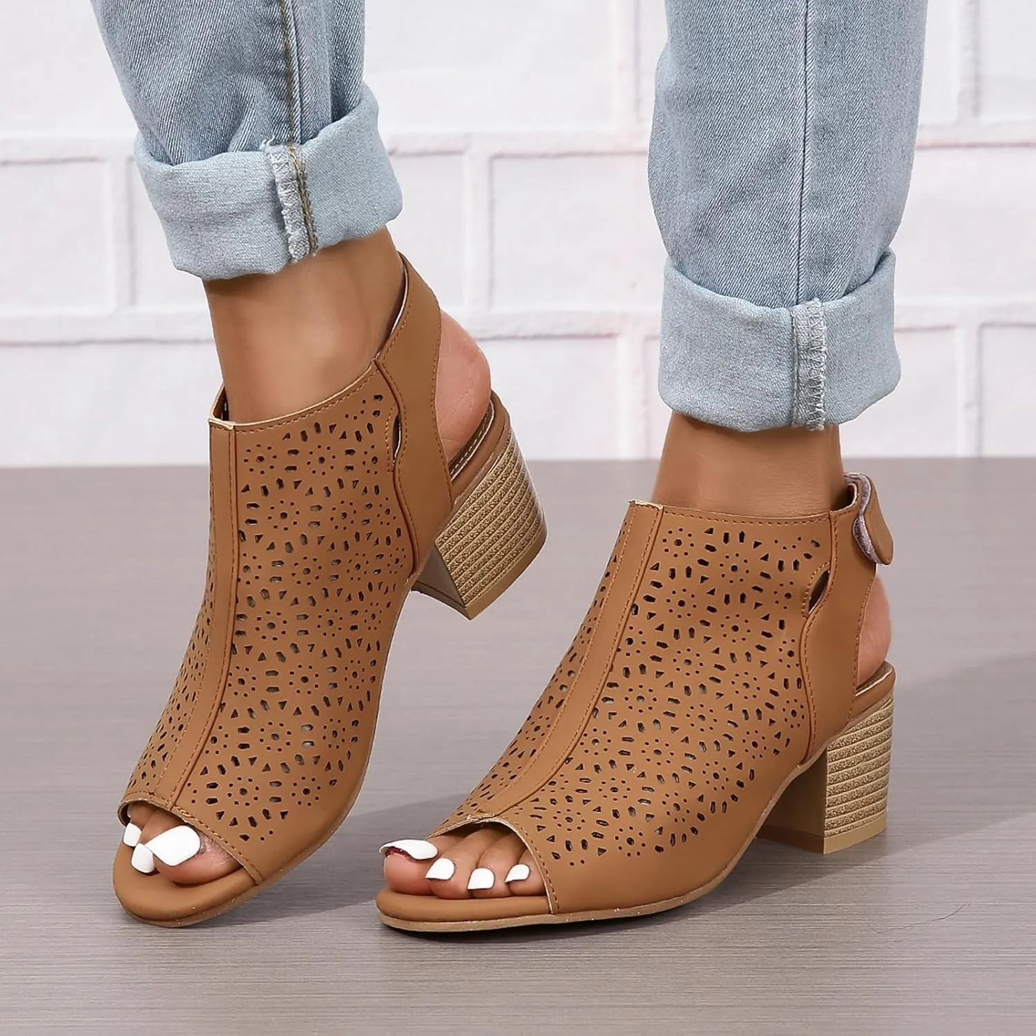 SACFOF Women's Cut Out Peep Toe Slingback Chunky Stacked Heel Ankle Booties Ankle Strap Low Heel Dress Pumps Sandals