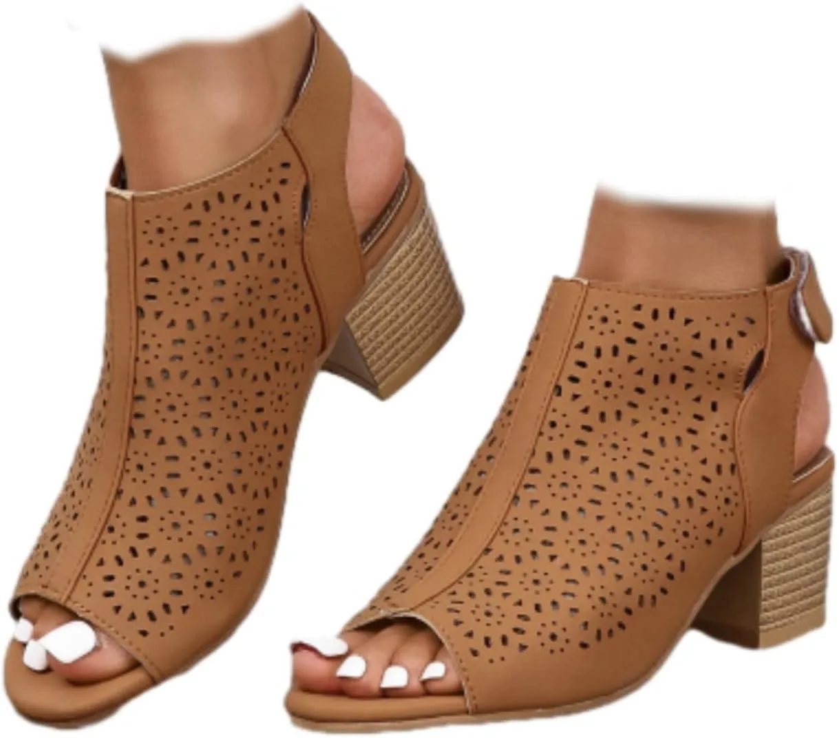 SACFOF Women's Cut Out Peep Toe Slingback Chunky Stacked Heel Ankle Booties Ankle Strap Low Heel Dress Pumps Sandals