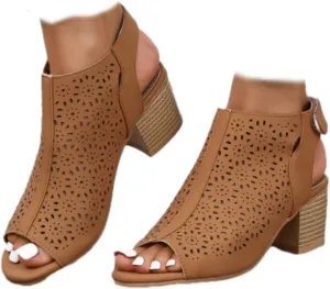 SACFOF Women's Cut Out Peep Toe Slingback Chunky Stacked Heel Ankle Booties Ankle Strap Low Heel Dress Pumps Sandals