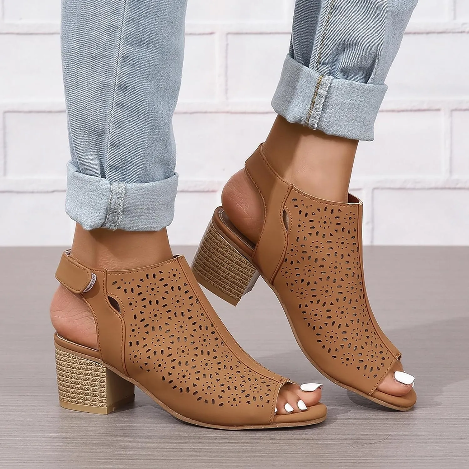 SACFOF Women's Cut Out Peep Toe Slingback Chunky Stacked Heel Ankle Booties Ankle Strap Low Heel Dress Pumps Sandals