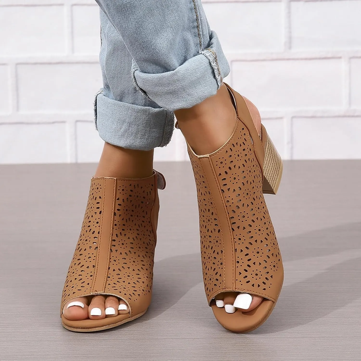 SACFOF Women's Cut Out Peep Toe Slingback Chunky Stacked Heel Ankle Booties Ankle Strap Low Heel Dress Pumps Sandals