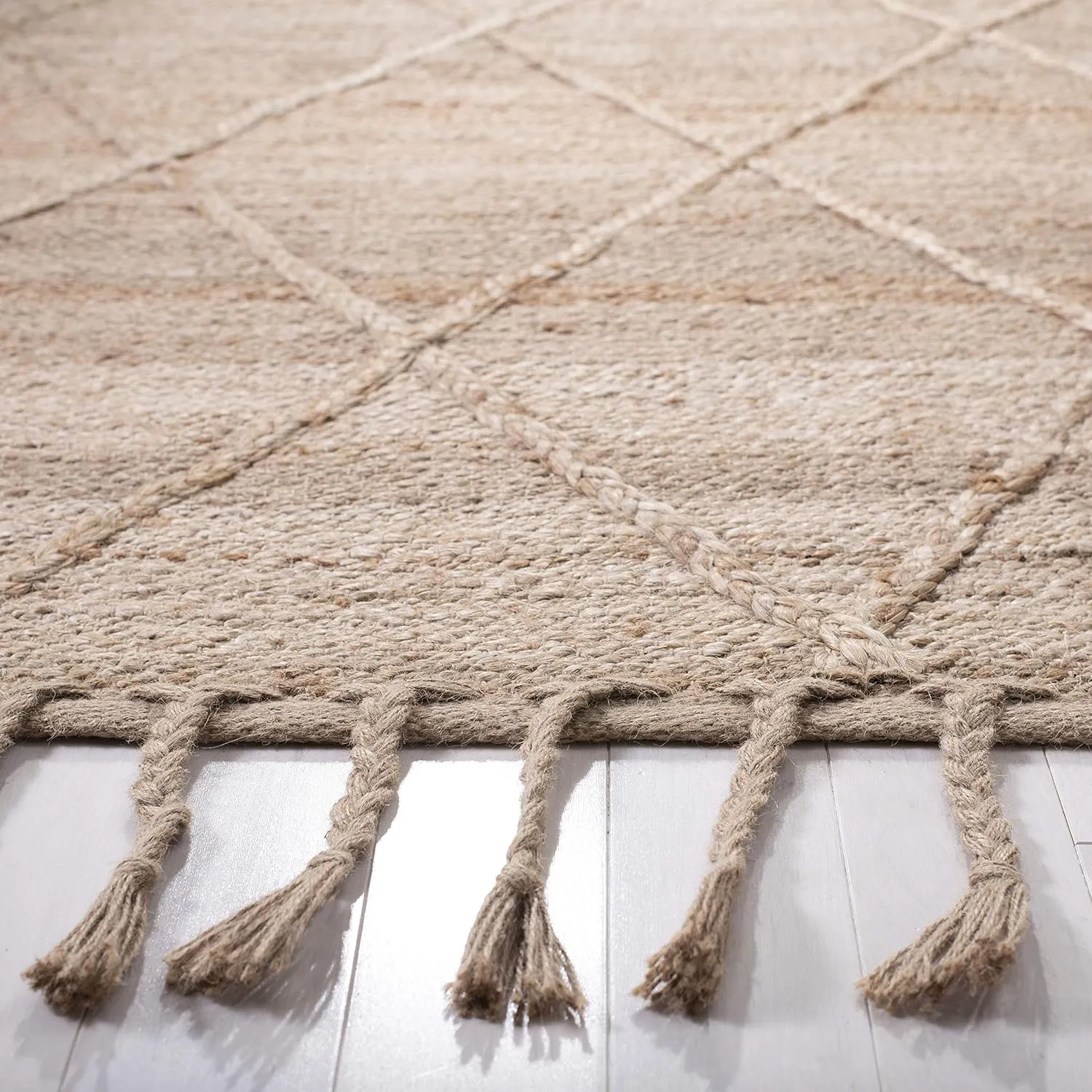 SAFAVIEH Natural Fiber Collection Area Rug - 8' x 10', Natural, Farmhouse Rustic Moroccan Trellis Braided Tassel Jute Design, Ideal for High Traffic Areas in Living Room, Bedroom (NF107B)
