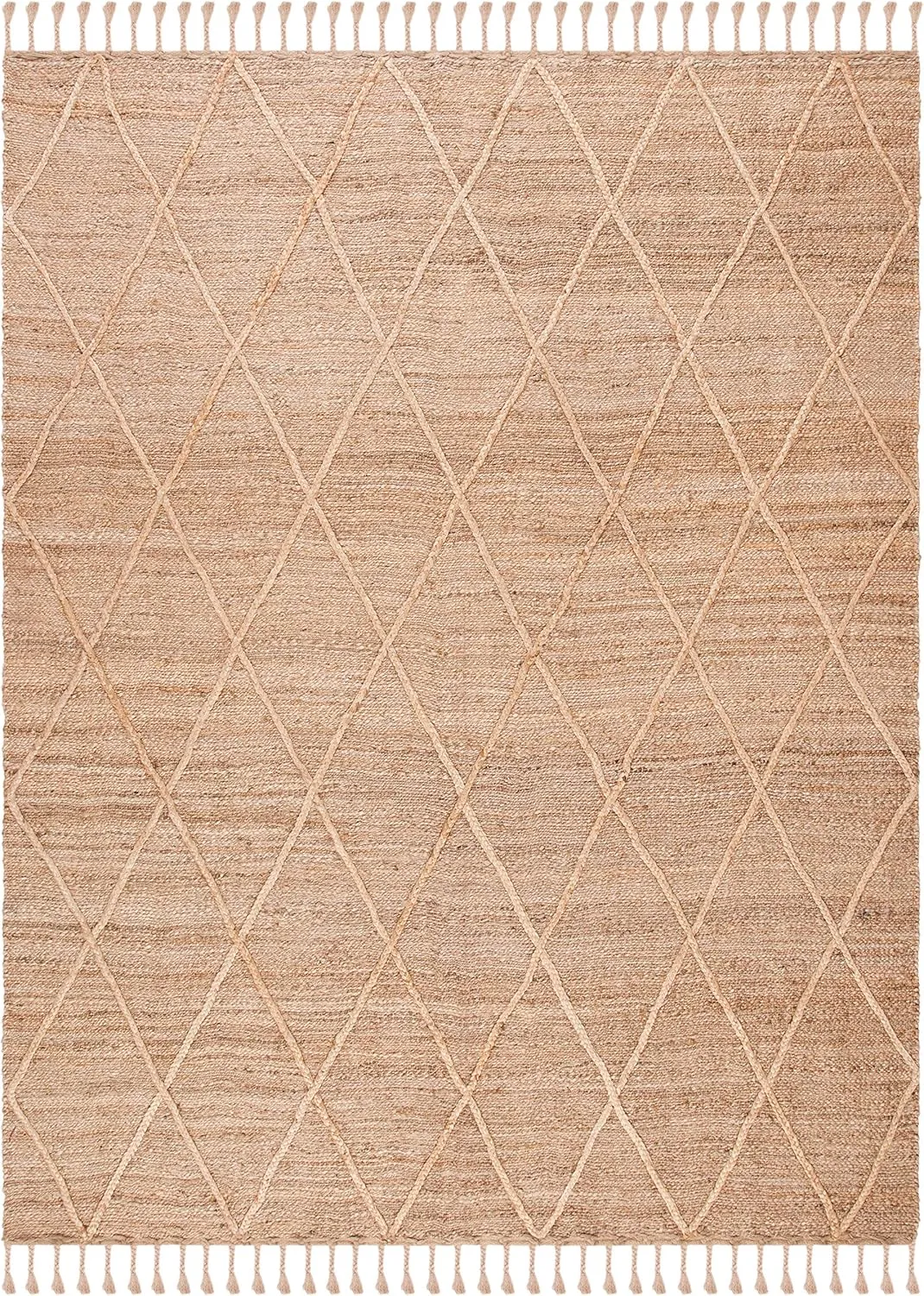 SAFAVIEH Natural Fiber Collection Area Rug - 8' x 10', Natural, Farmhouse Rustic Moroccan Trellis Braided Tassel Jute Design, Ideal for High Traffic Areas in Living Room, Bedroom (NF107B)