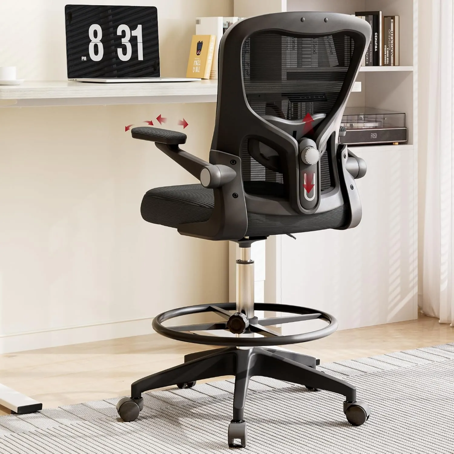 SANODESK Ergonomic Drafting Chair - Standing Desk Chair with Breathable Mesh 2D Lumbar Support 3D Flip up Armrest and Footring Rolling 360° Swivel Computer Chair for Home Office Black