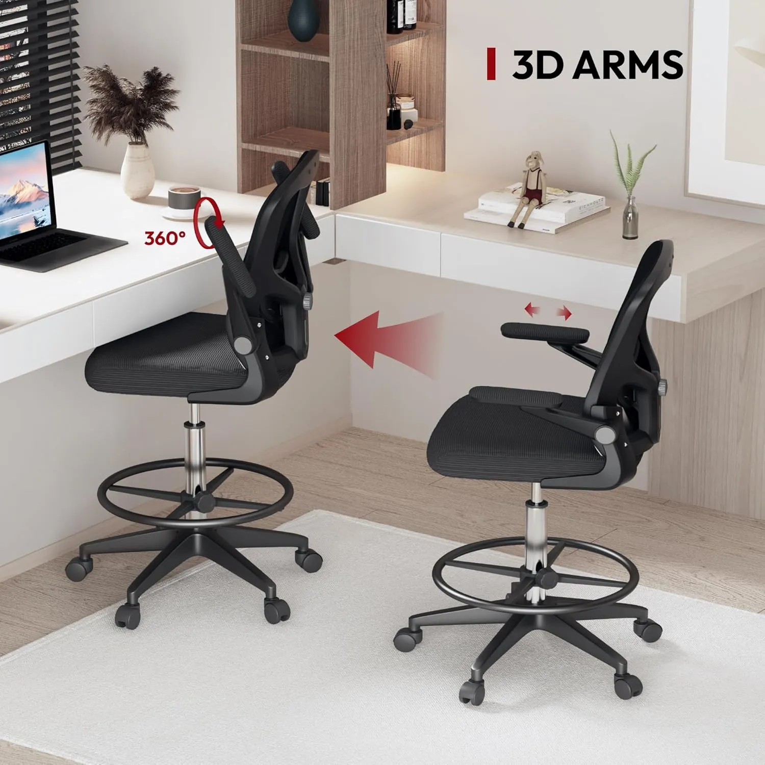 SANODESK Ergonomic Drafting Chair - Standing Desk Chair with Breathable Mesh 2D Lumbar Support 3D Flip up Armrest and Footring Rolling 360° Swivel Computer Chair for Home Office Black