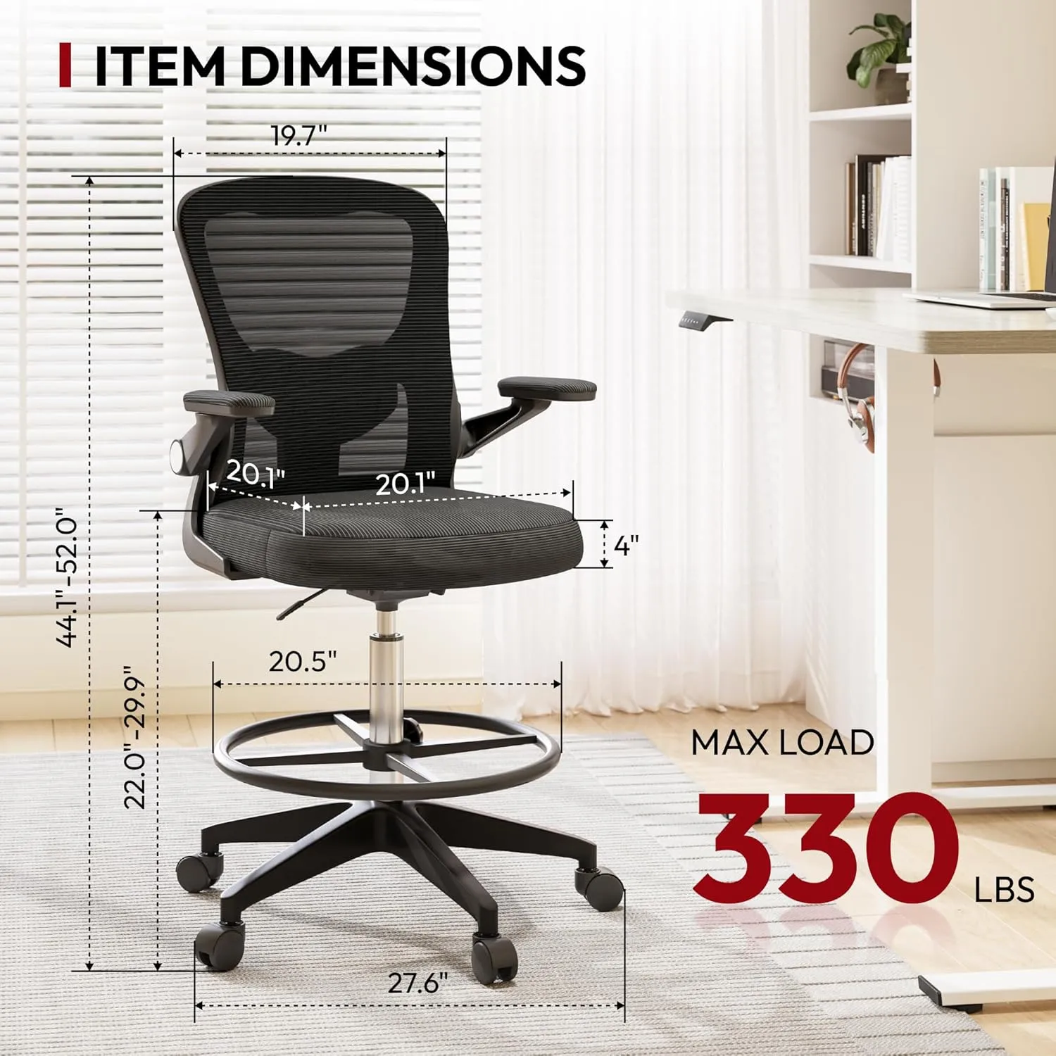 SANODESK Ergonomic Drafting Chair - Standing Desk Chair with Breathable Mesh 2D Lumbar Support 3D Flip up Armrest and Footring Rolling 360° Swivel Computer Chair for Home Office Black