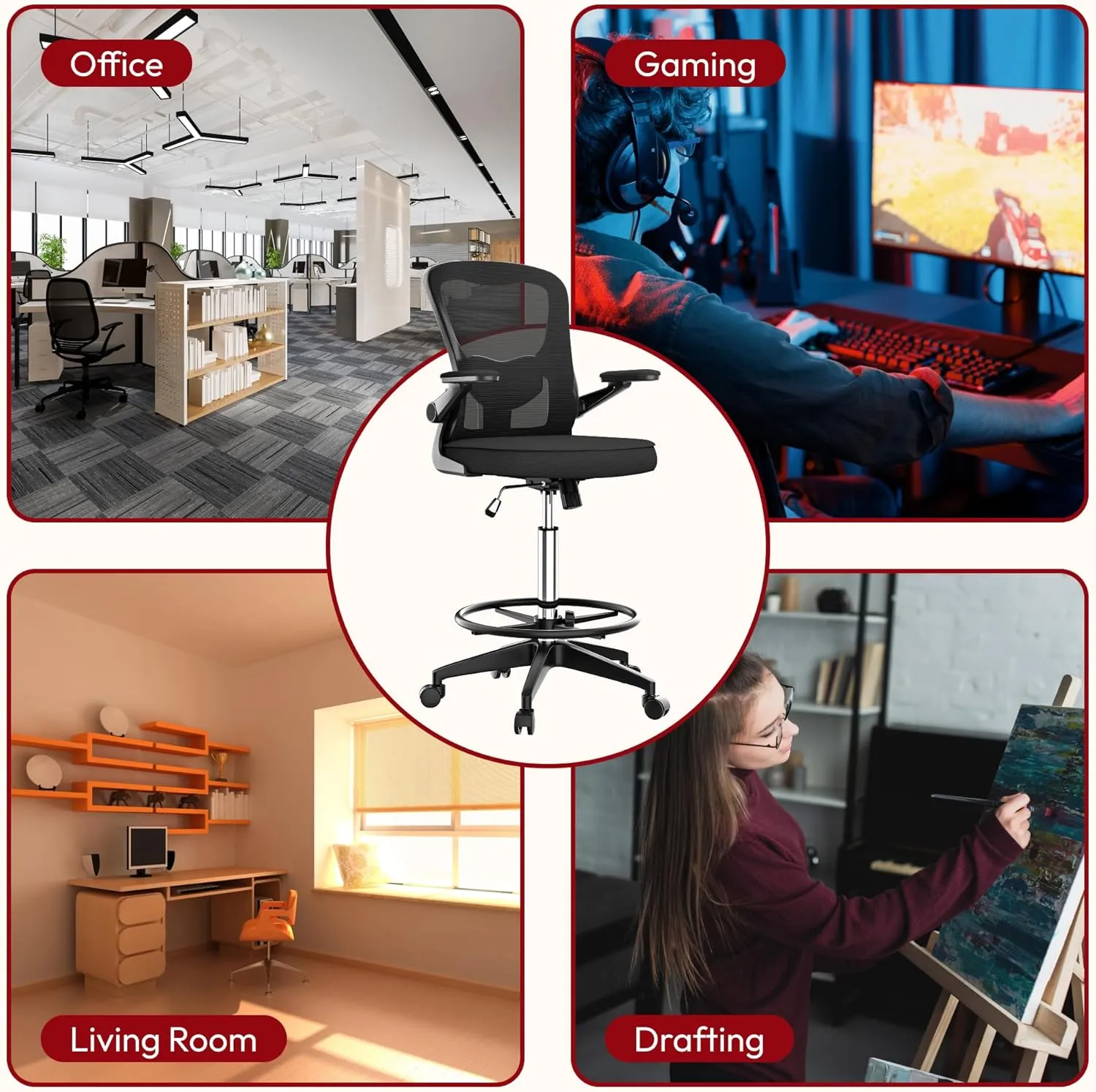 SANODESK Ergonomic Drafting Chair - Standing Desk Chair with Breathable Mesh 2D Lumbar Support 3D Flip up Armrest and Footring Rolling 360° Swivel Computer Chair for Home Office Black